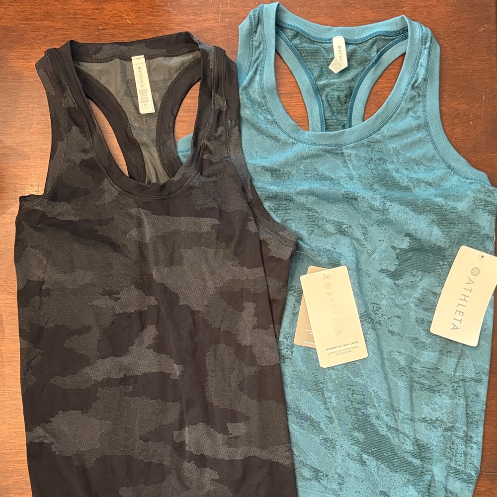 Two NWT Athleta Camo Racerback Tank Tops - Black and Green/Blue - Medium